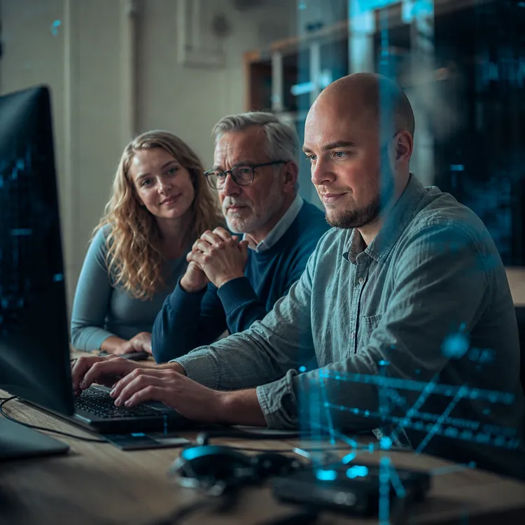 A technician helping two clients at a computer